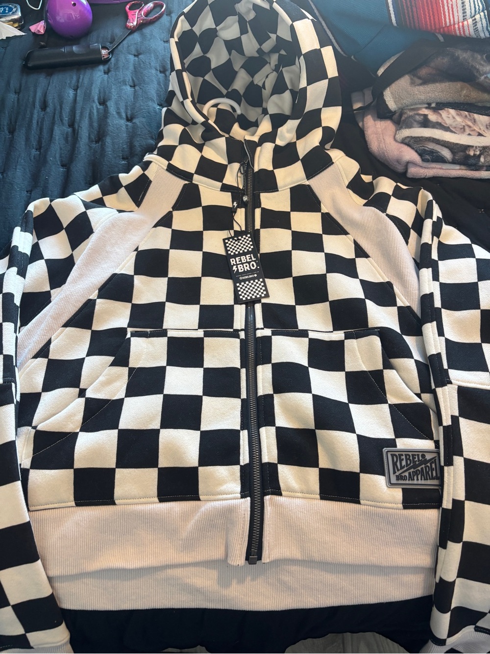 Rebel Bro Black and White Checkered Zip Hoodie